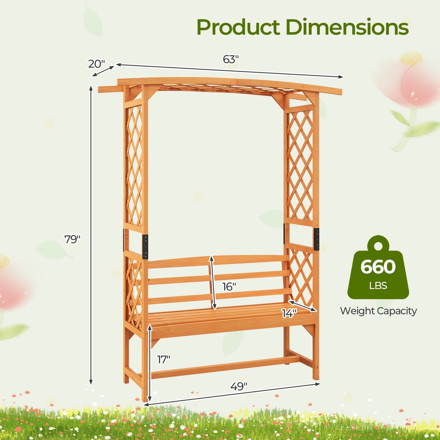 6.5 FT Tall Patio Garden Arbor with Pergola and 2-Seat Bench for Garden Backyard Decoration-Yellow with dimensions and weight capacity