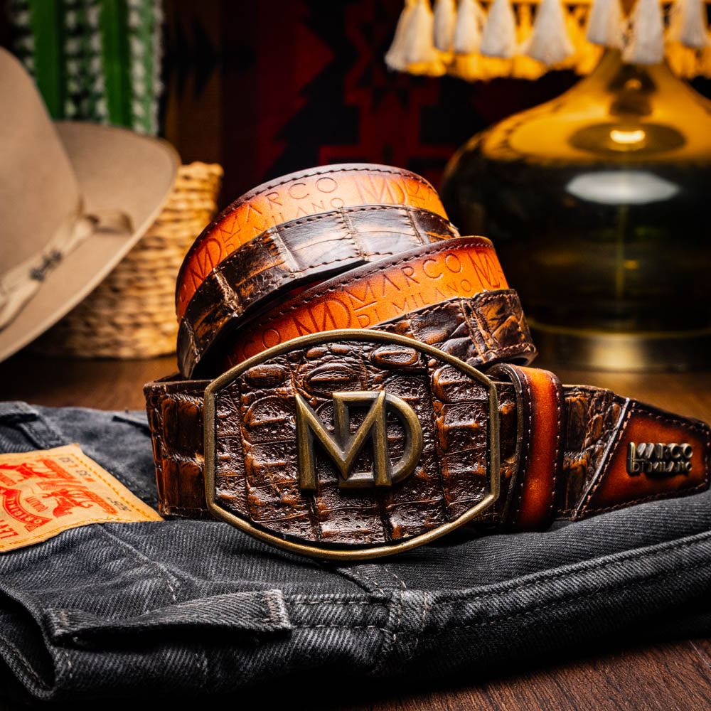 Texas Belt Aged Brown - Handcrafted caiman crocodile and calfskin belt with Marco Di Milano branding.