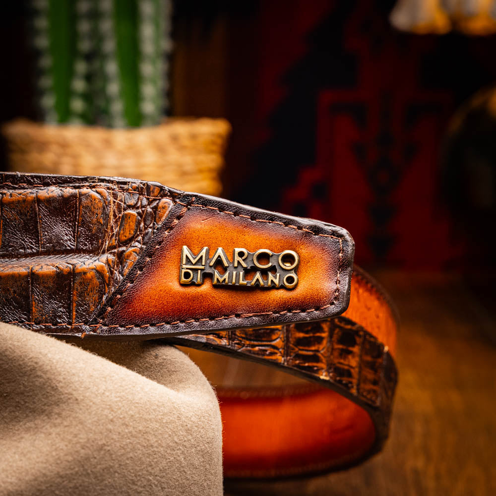 Texas Belt Aged Brown featuring genuine caiman and calfskin leather with Marco Di Milano branding, exotic luxury fashion accessory.