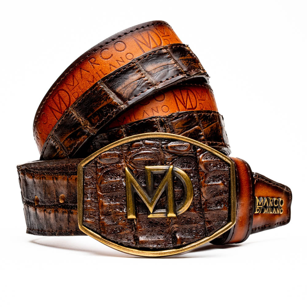Texas Belt Aged Brown with caiman crocodile skin and calf leather by Marco Di Milano, featuring luxury design and craftsmanship.