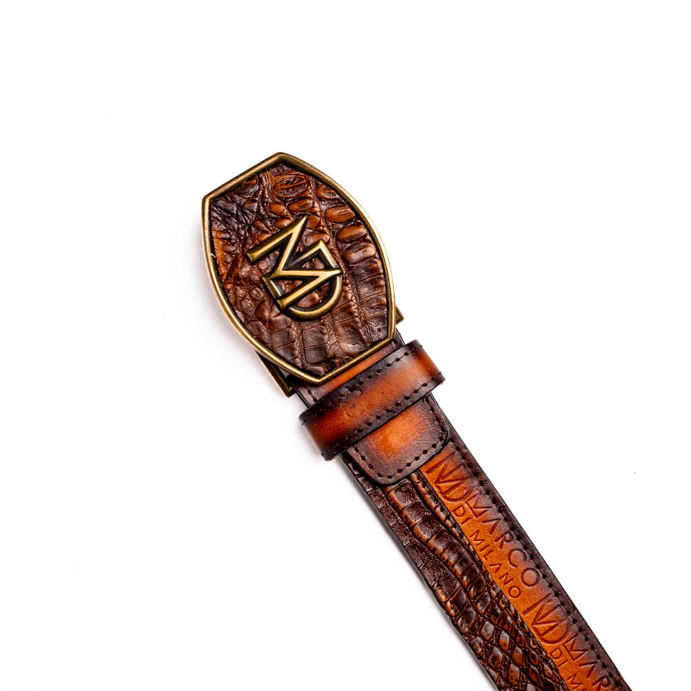 Texas Belt Aged Brown with caiman crocodile skin, calf leather, and Marco Di Milano insignia.