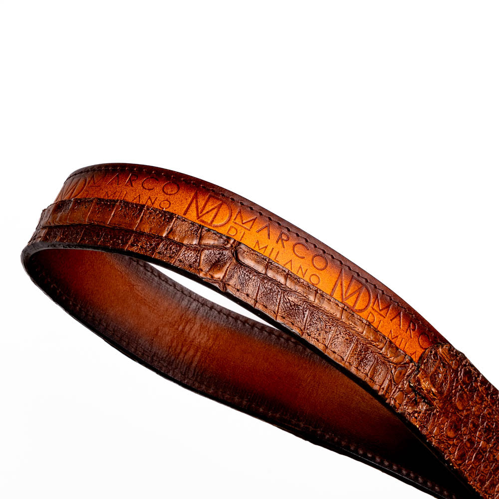 Texas Belt Aged Brown - Caiman and calf leather western belt with Marco Di Milano branding, luxury textures