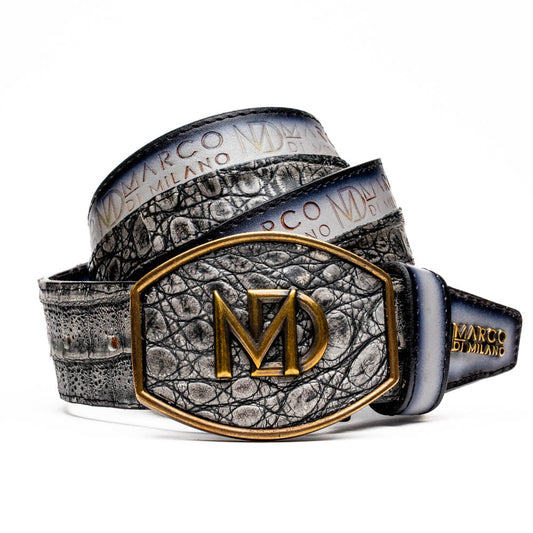 Texas Belt Stone Gray - Luxury caiman crocodile and calfskin western belt with Marco Di Milano branding.