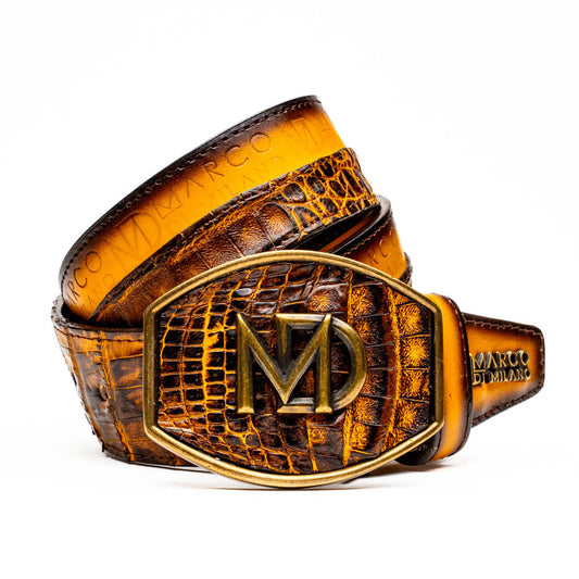 Texas Belt Mustard Brown featuring caiman crocodile and calfskin with Marco Di Milano logo, luxury western style accessory.