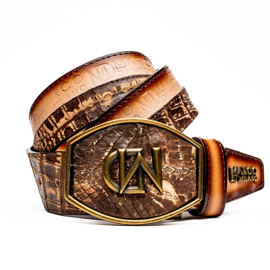 Texas Belt Stone Brown made of caiman and calfskin with Marco Di Milano insignia