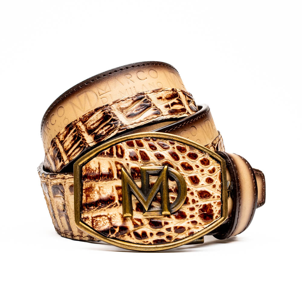 Texas Belt Stone Orix with caiman crocodile skin and calf leather, featuring Marco Di Milano insignia buckle, luxury western style.