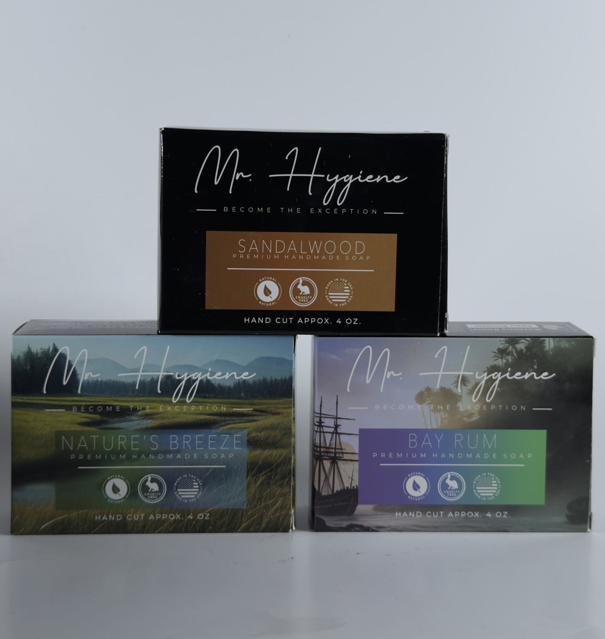The Soap Box Bundle – Signature Scents for Men with Sandalwood, Bay Rum, and Nature’s Breeze soaps displayed.