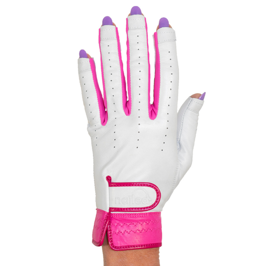 Premium Standard Tip-Free Gloves in white and pink, designed for comfort and grip, featuring high quality AA Cabretta leather.