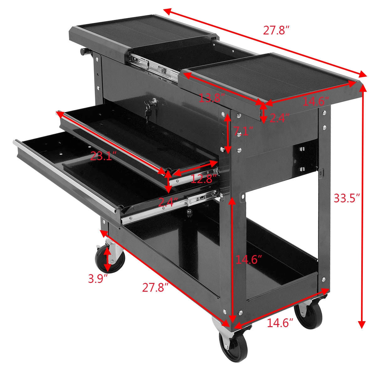 Rolling Mechanics Tool Cart Slide Top Utility Storage Cabinet Organizer 2 Drawers with dimensions and caster wheels