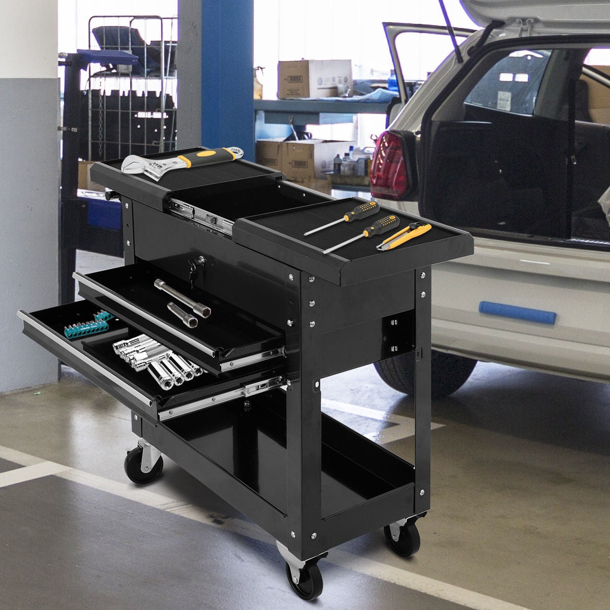 Rolling Mechanics Tool Cart Slide Top Utility Storage Cabinet Organizer 2 Drawers with tools in a garage workshop