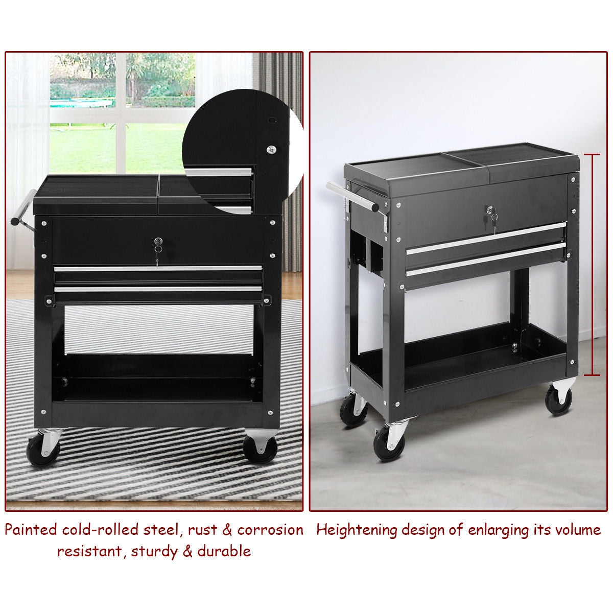 Rolling Mechanics Tool Cart Slide Top Utility Storage Cabinet Organizer 2 Drawers with caster wheels and storage trays