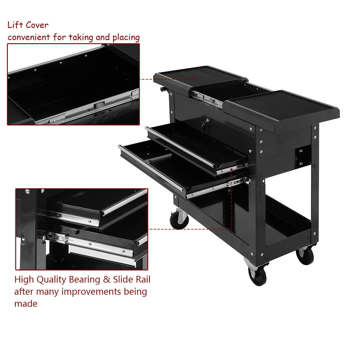 Rolling Mechanics Tool Cart Slide Top Utility Storage Cabinet Organizer 2 Drawers with open sliding top and rubber liners.