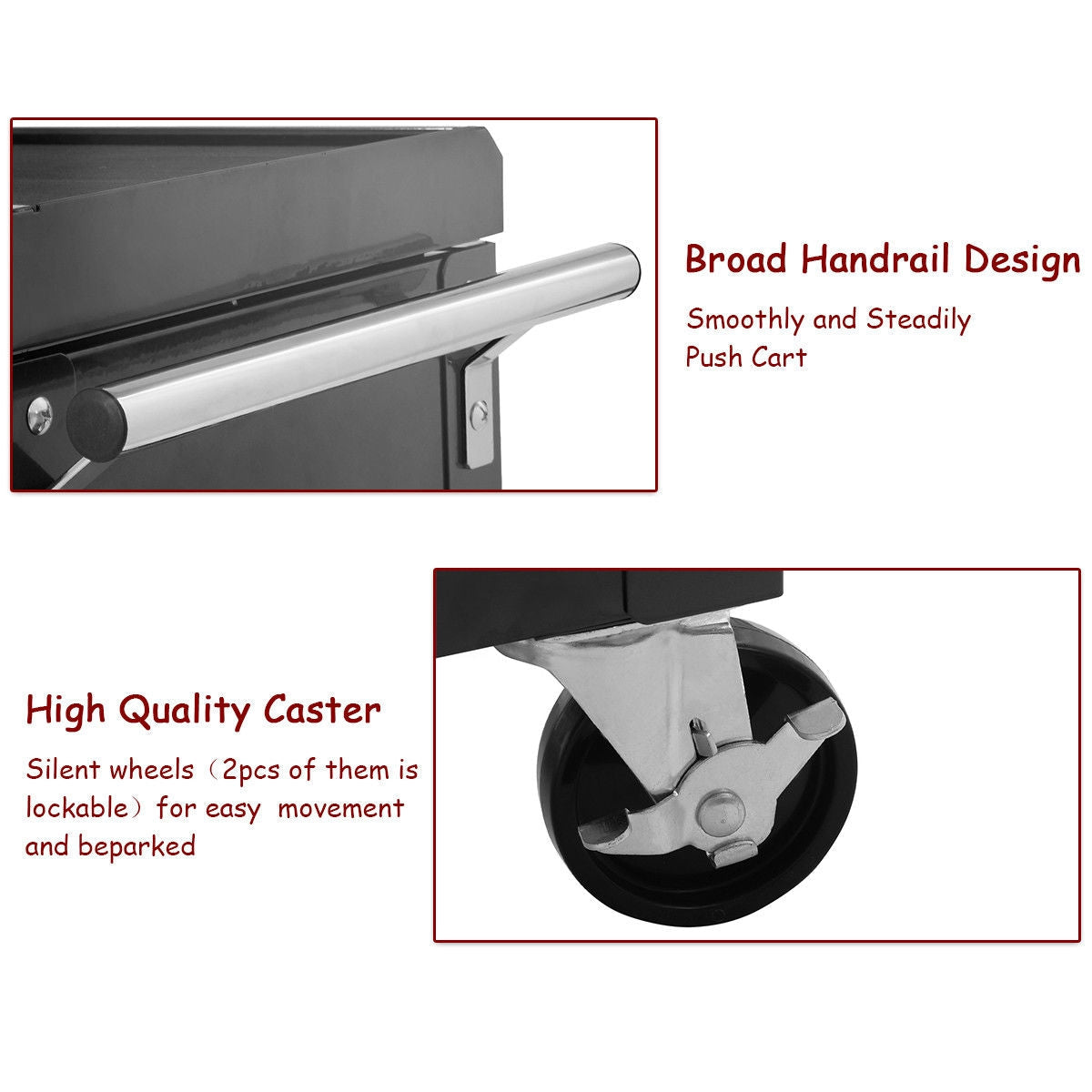 Broad handrail and high-quality caster on Rolling Mechanics Tool Cart Slide Top Utility Storage Cabinet Organizer 2 Drawers