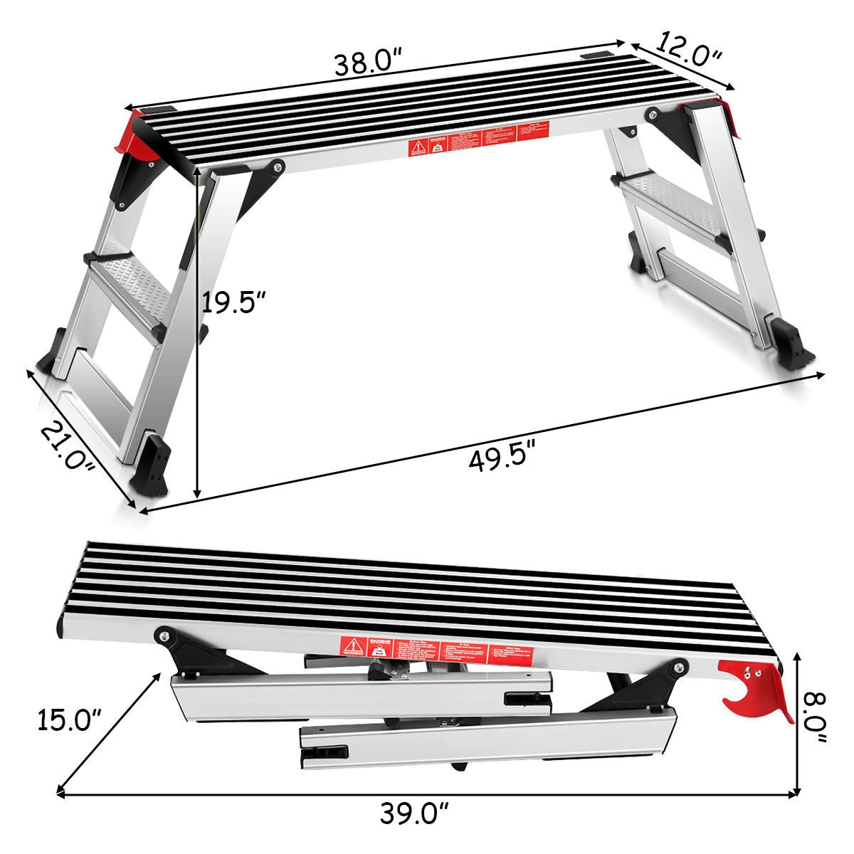 330 lbs Aluminum Folding Non-slip Drywall Step Stool Ladder with dimensions and non-slip rubber pads for safety and easy storage.