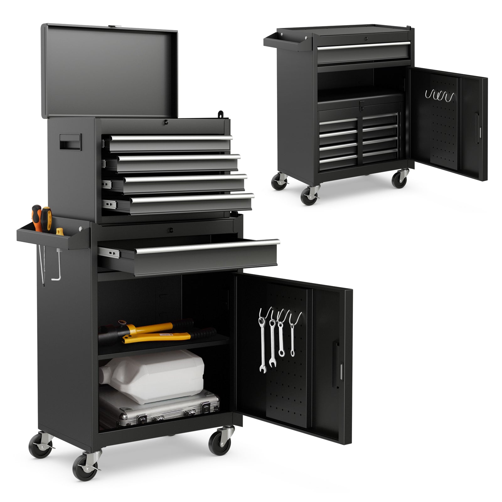 2-in-1 Tool Chest and Cabinet with 5 Sliding Drawers-Black with steel construction and 360-degree wheels, showcasing open drawers and storage.