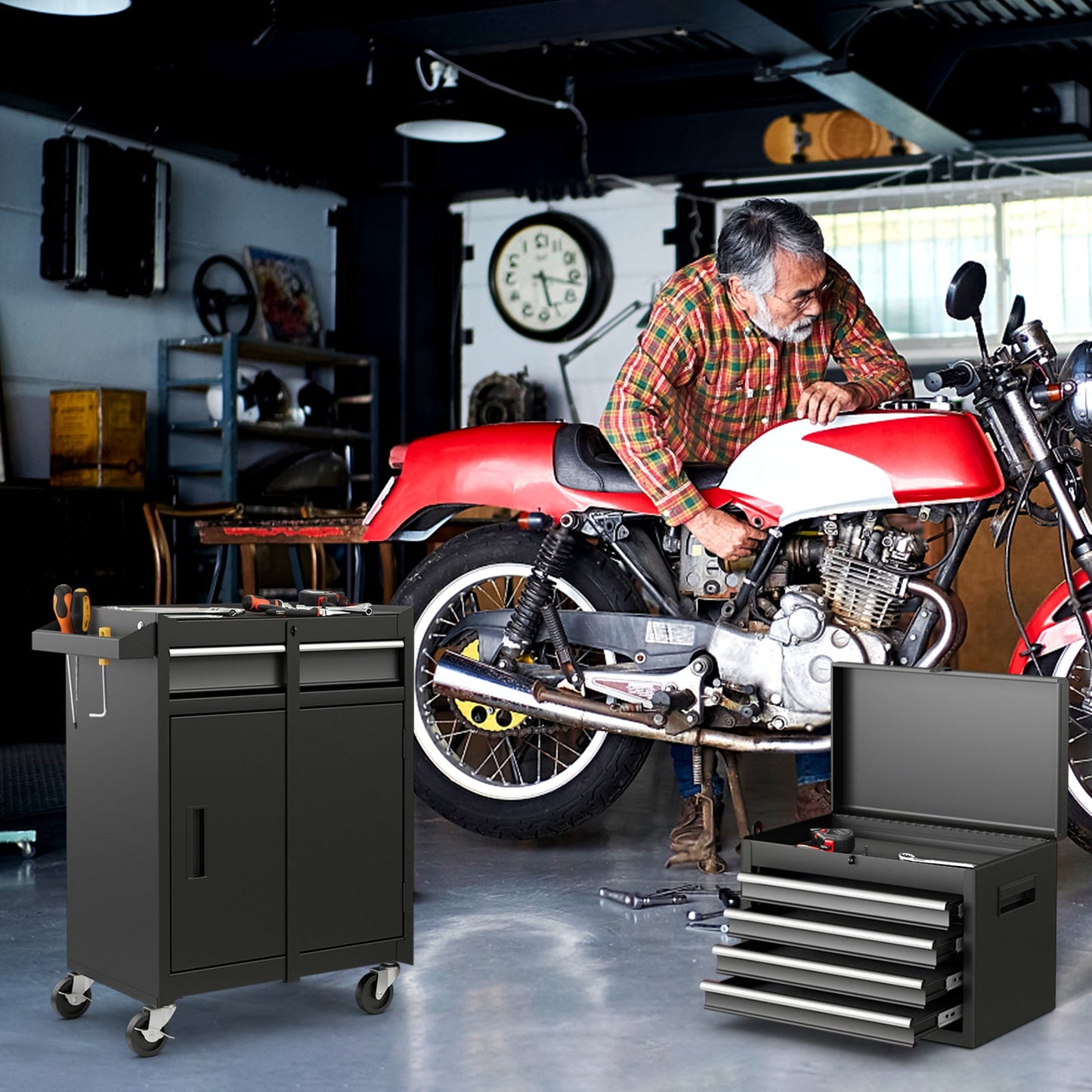 Mechanic using a 2-in-1 Tool Chest and Cabinet with 5 Sliding Drawers-Black in a garage with a red motorcycle.