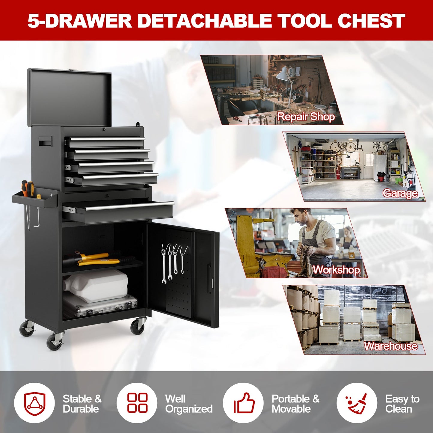 2-in-1 Tool Chest and Cabinet with 5 Sliding Drawers-Black featuring spacious storage, steel construction, and 360-degree wheels.