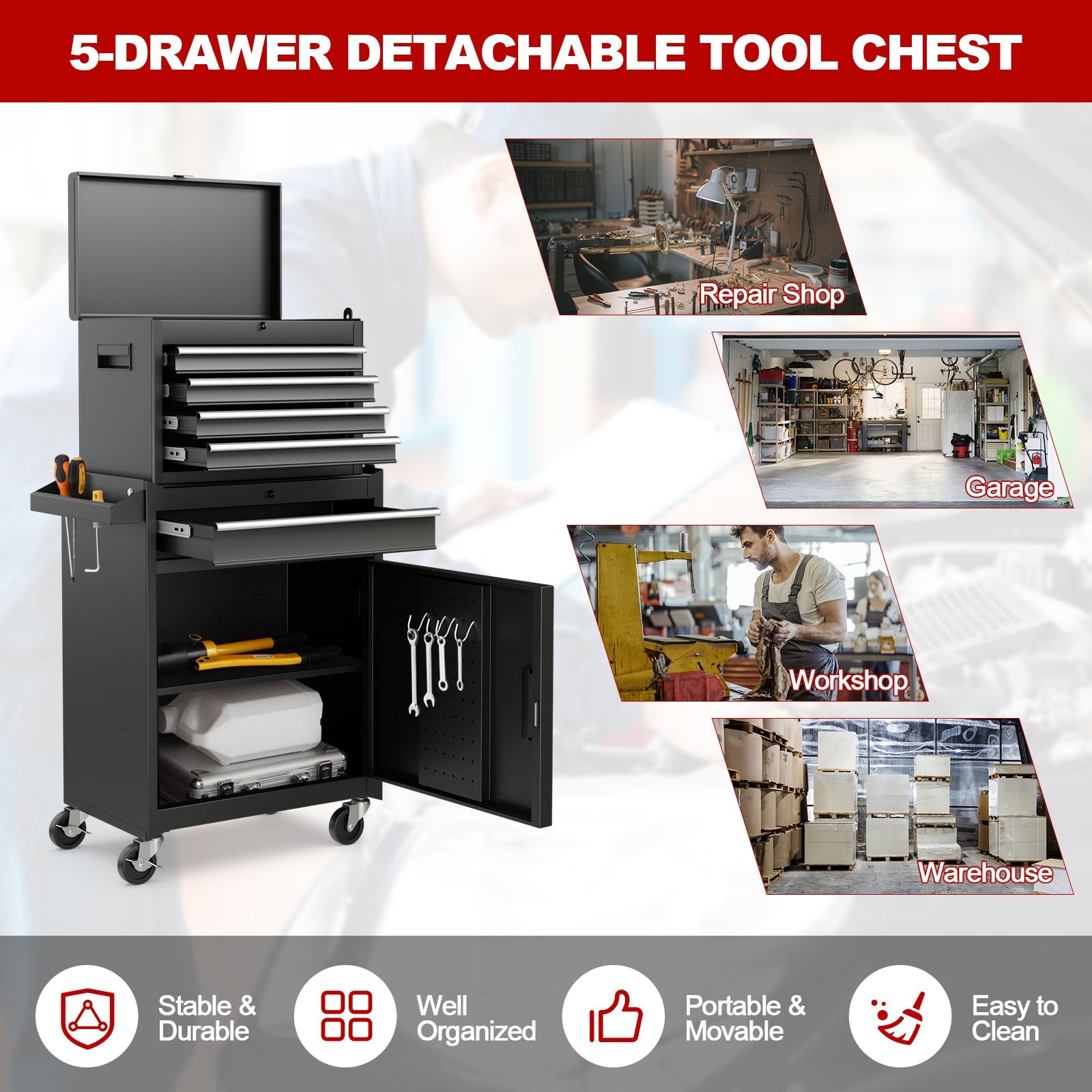 2-in-1 Tool Chest and Cabinet with 5 Sliding Drawers-Black featuring spacious storage, steel construction, and 360-degree wheels.