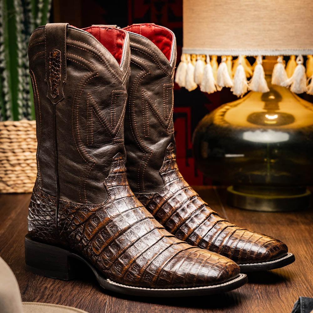 Tucson Aged Brown cowboy boots made from genuine caiman belly skin with square-toe design and elegant Western style.