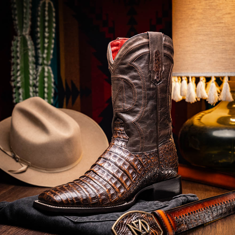 Tucson Aged Brown cowboy boot made from genuine caiman belly skin and full-grain leather, showcasing Western sophistication and craftsmanship.