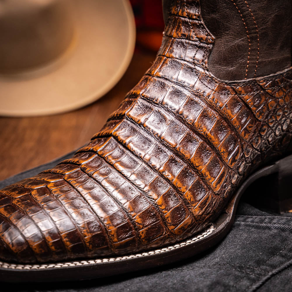 Tucson Aged Brown cowboy boot with genuine caiman belly skin and full-grain leather, showcasing Western sophistication and craftsmanship.