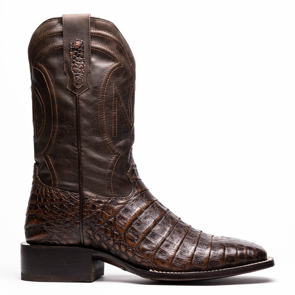 Tucson Aged Brown genuine caiman belly skin cowboy boot with square-toe profile from the Western Collection