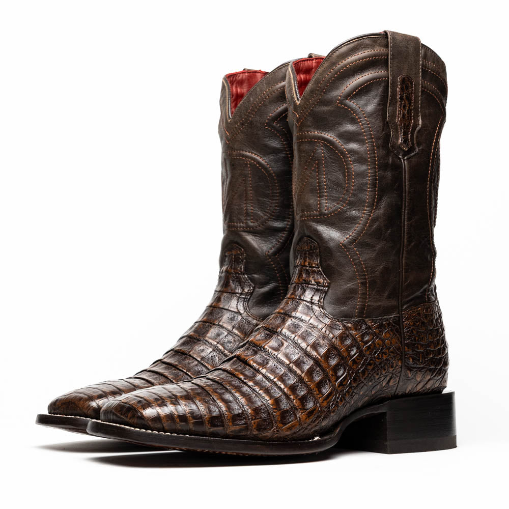 Tucson Aged Brown cowboy boots made from genuine caiman belly skin and leather, featuring a square-toe design and Western style.