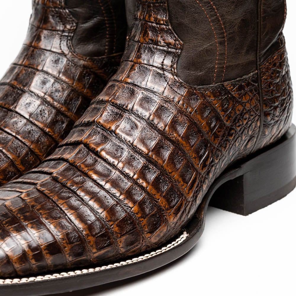 Tucson Aged Brown cowboy boot made from genuine caiman belly skin with square-toe design for Western sophistication