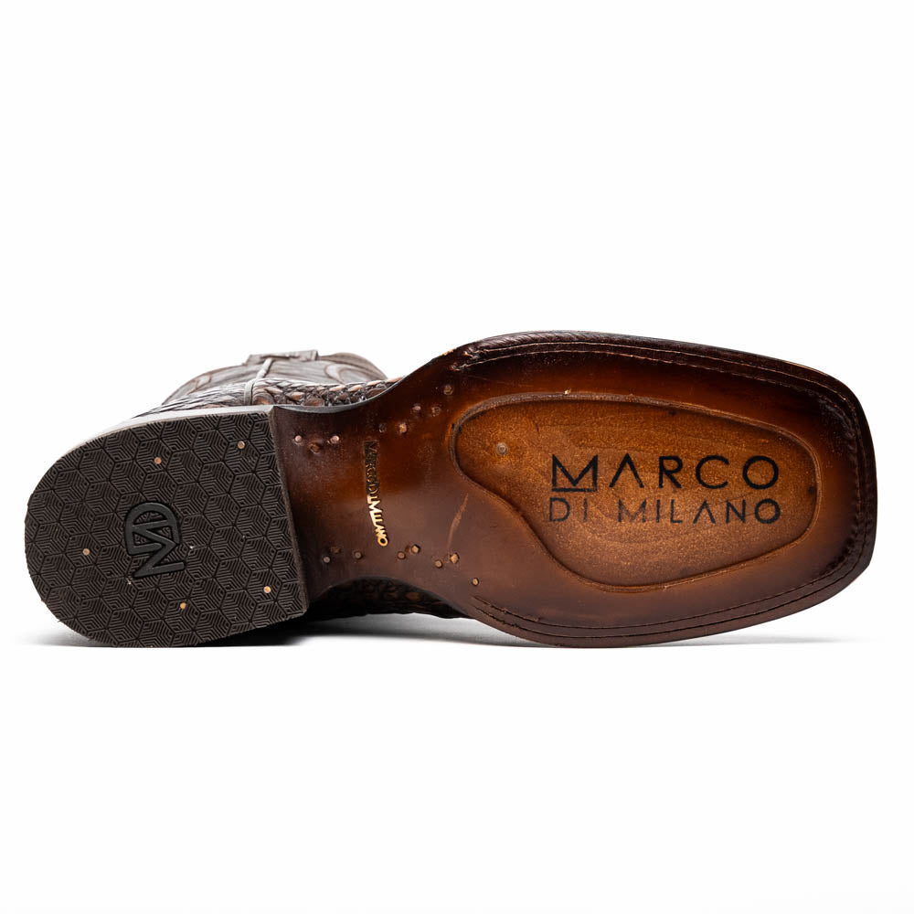Sole view of Tucson Aged Brown cowboy boot featuring caiman belly skin and full-grain leather craftsmanship.