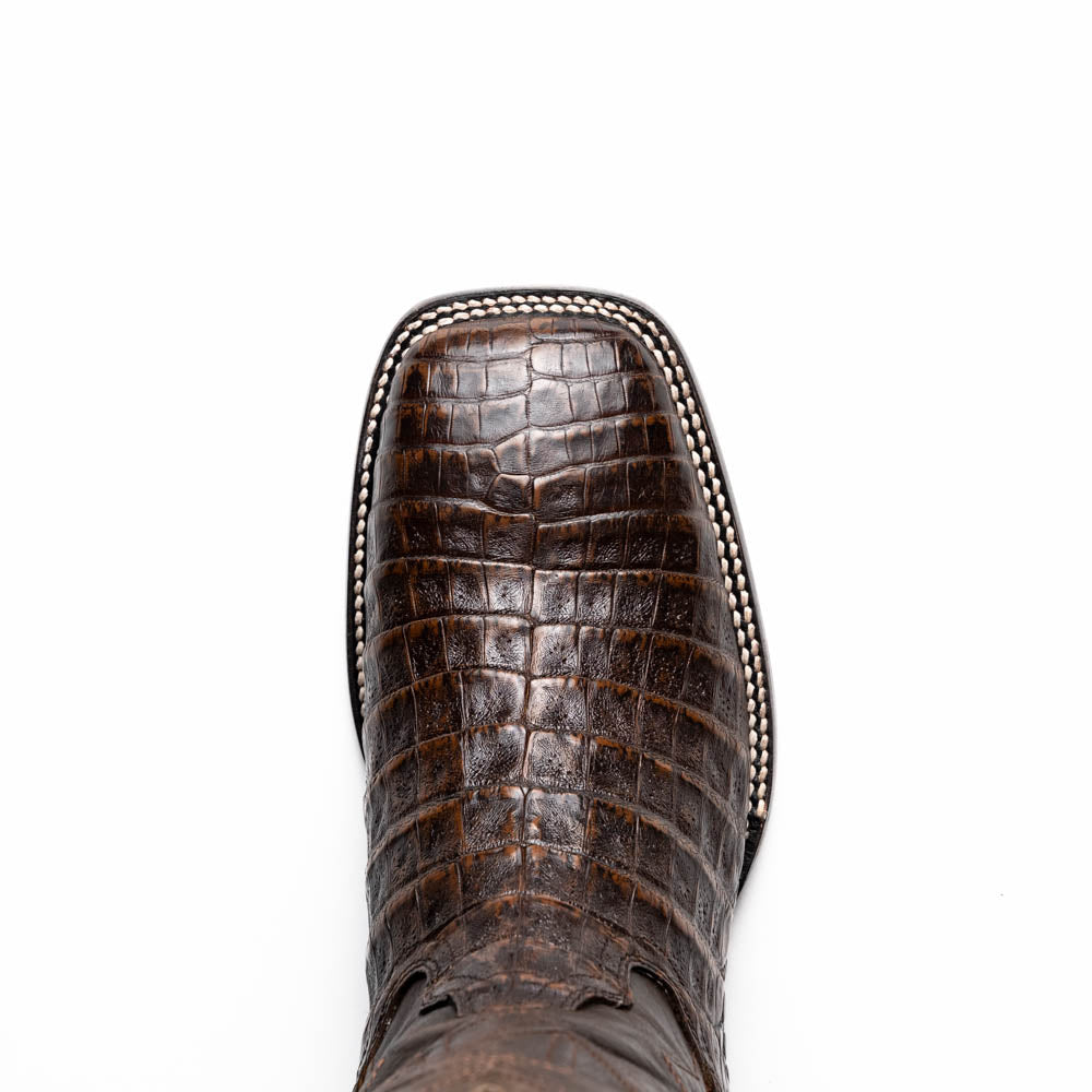 Tucson Aged Brown cowboy boot crafted from genuine caiman belly skin with a square-toe profile from the Western Collection.