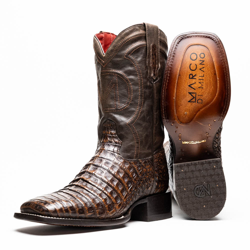 Tucson Aged Brown cowboy boot made from genuine caiman belly skin, showcasing Western sophistication with a square-toe profile.