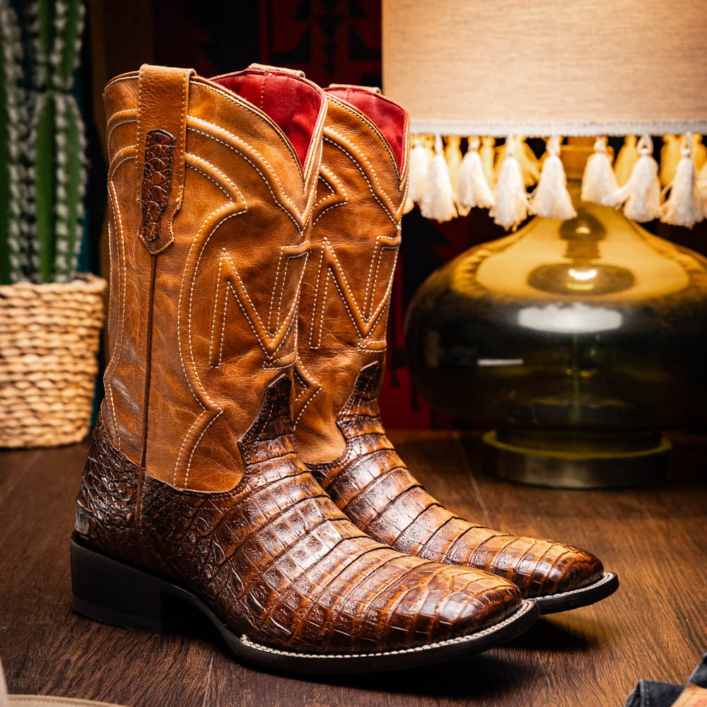 Tucson Aged Maple cowboy boot made from genuine caiman belly skin with square-toe profile, showcasing Western sophistication and craftsmanship.
