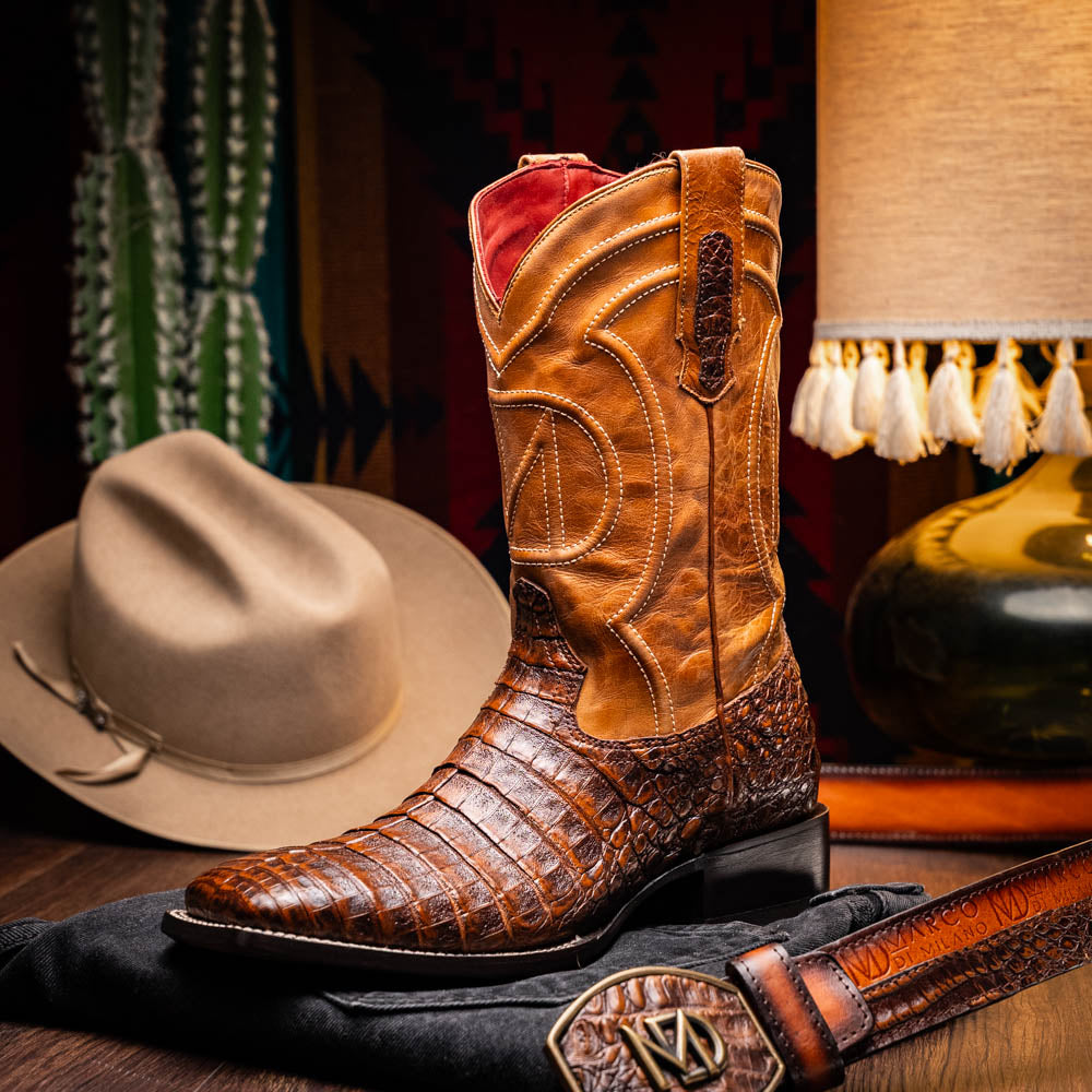 Tucson Aged Maple cowboy boot with genuine caiman belly skin on display, showcasing its square-toe design and Western sophistication.