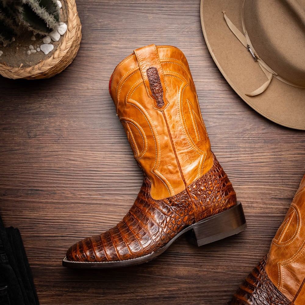 Tucson Aged Maple cowboy boot made from genuine caiman belly skin and full-grain leather, showcasing Western sophistication and craftsmanship.