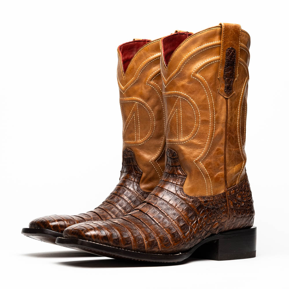 Tucson Aged Maple cowboy boots made from genuine caiman belly skin with square-toe design, offering Western sophistication and bold texture.