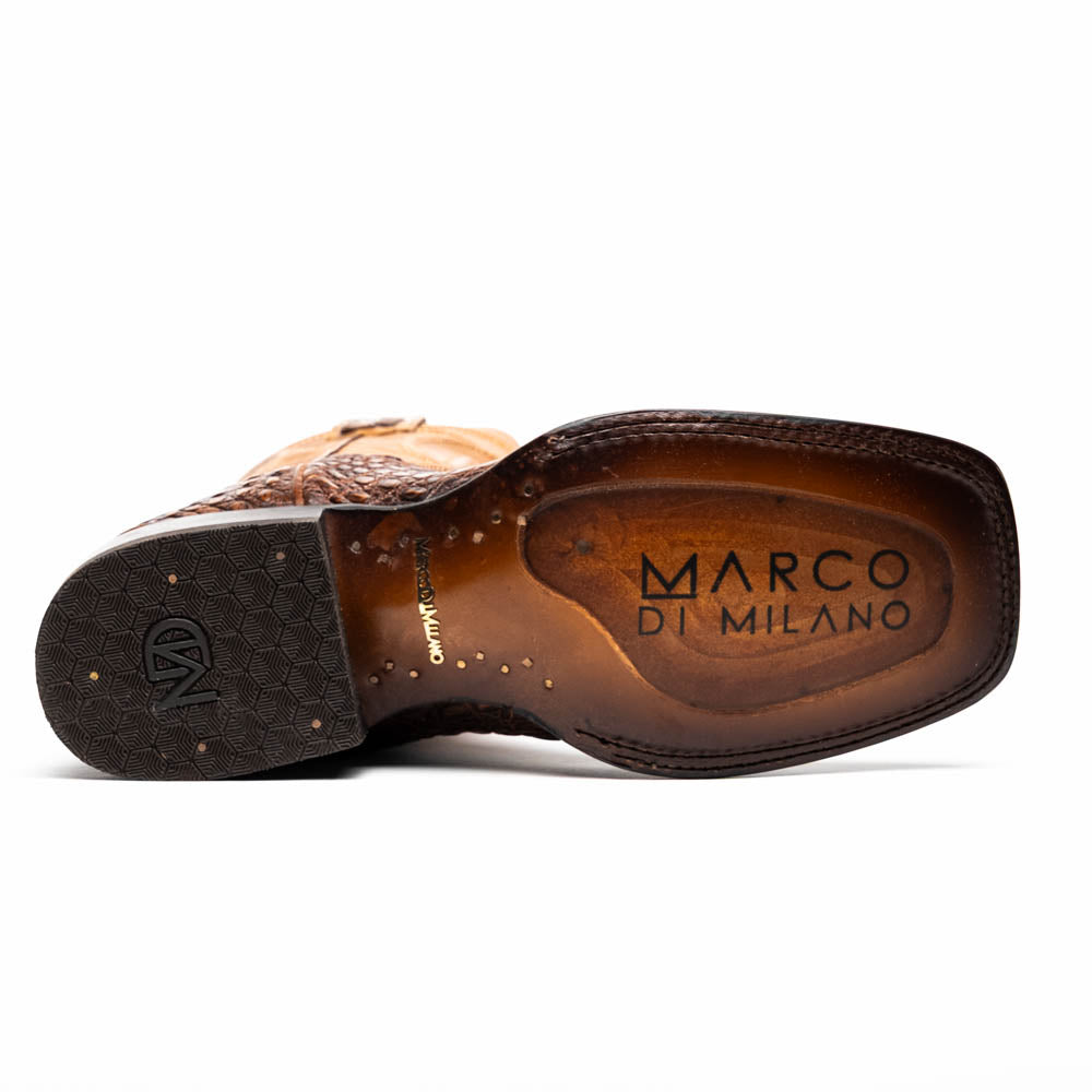 Sole view of Tucson Aged Maple cowboy boot with Marco di Milano logo imprinted, showcasing genuine caiman belly skin craftsmanship.