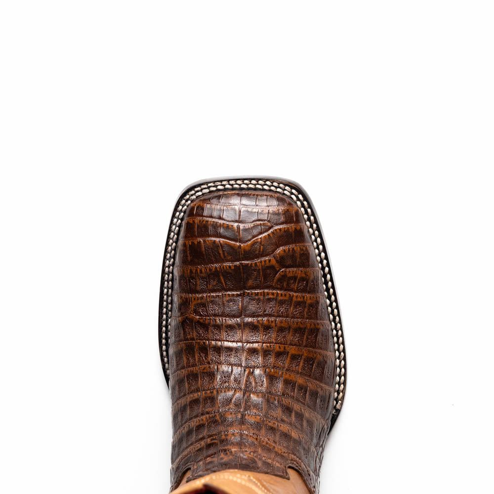 Square-toe Tucson Aged Maple cowboy boot made from genuine caiman belly skin, showcasing rugged texture and classic craftsmanship.