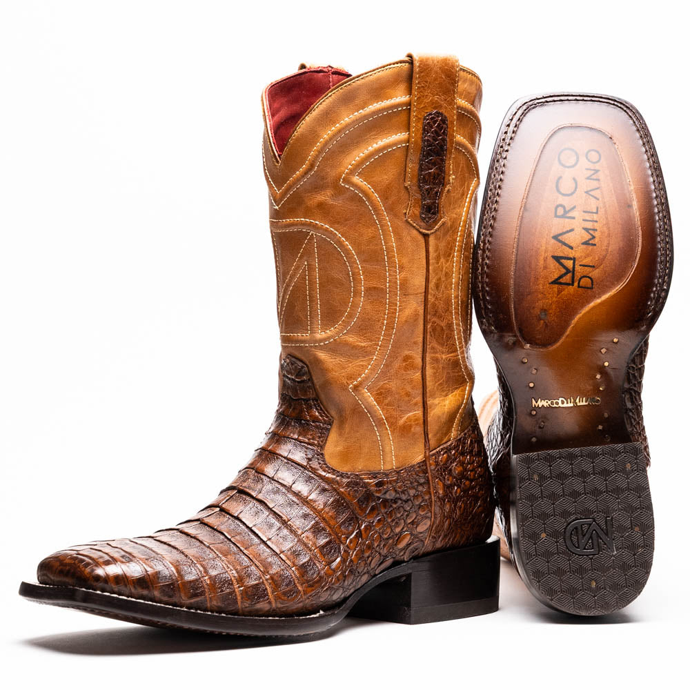 Tucson Aged Maple cowboy boot made from genuine caiman belly skin with square-toe design, showcasing Western sophistication.