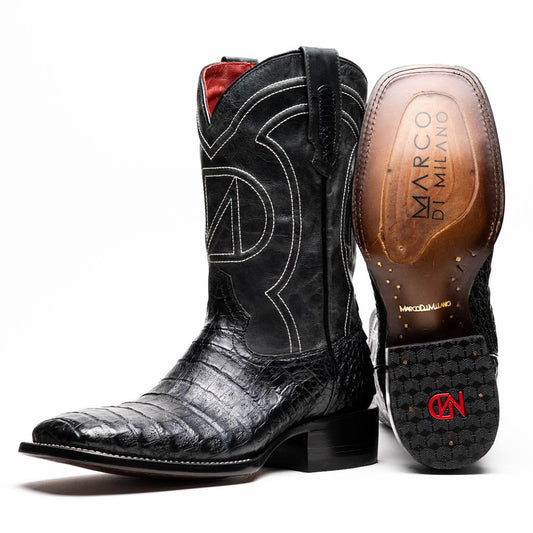 Tucson Black cowboy boots crafted from genuine caiman belly skin with a square-toe profile, from the Western Collection.