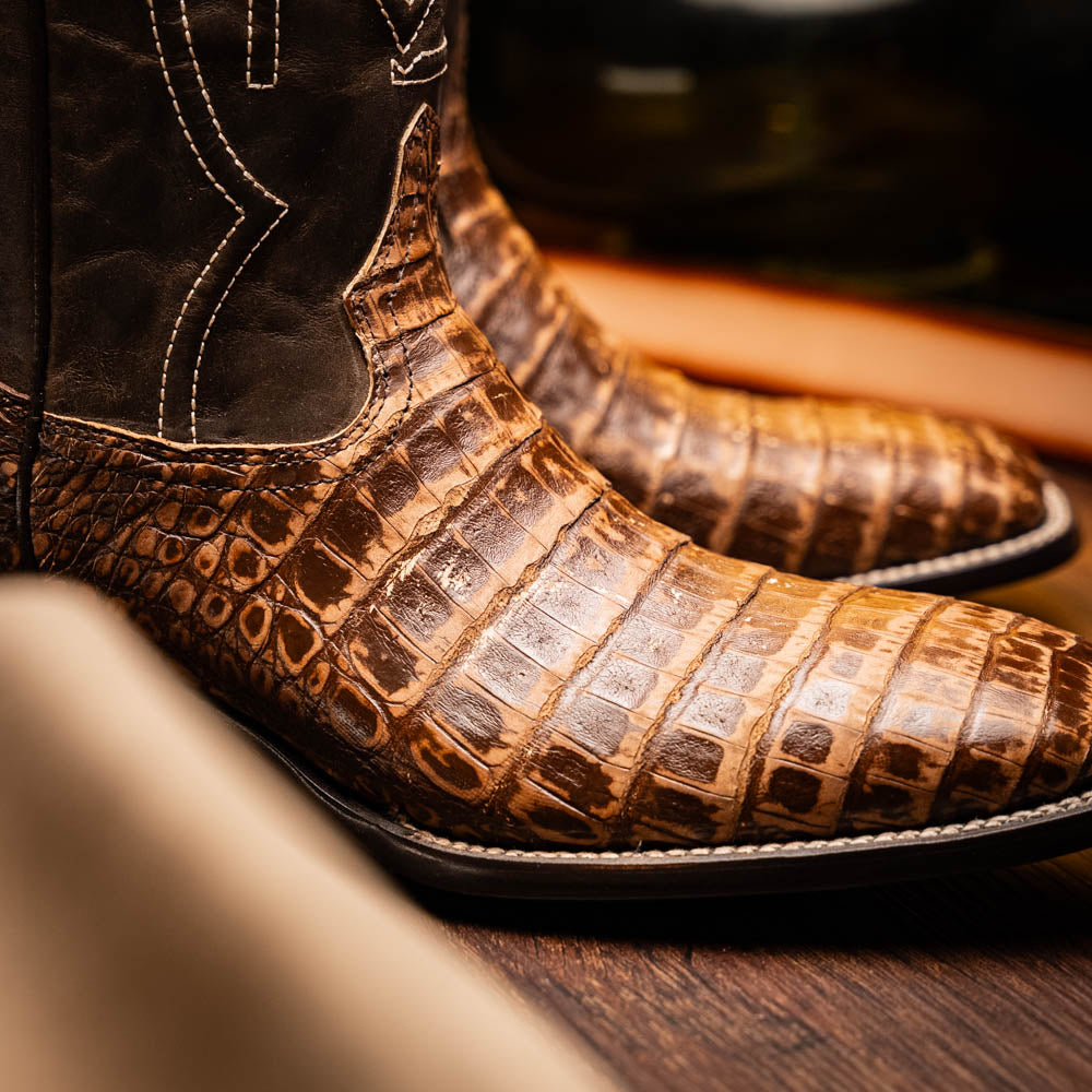 Tucson Stone Brown caiman belly skin cowboy boots with square-toe profile