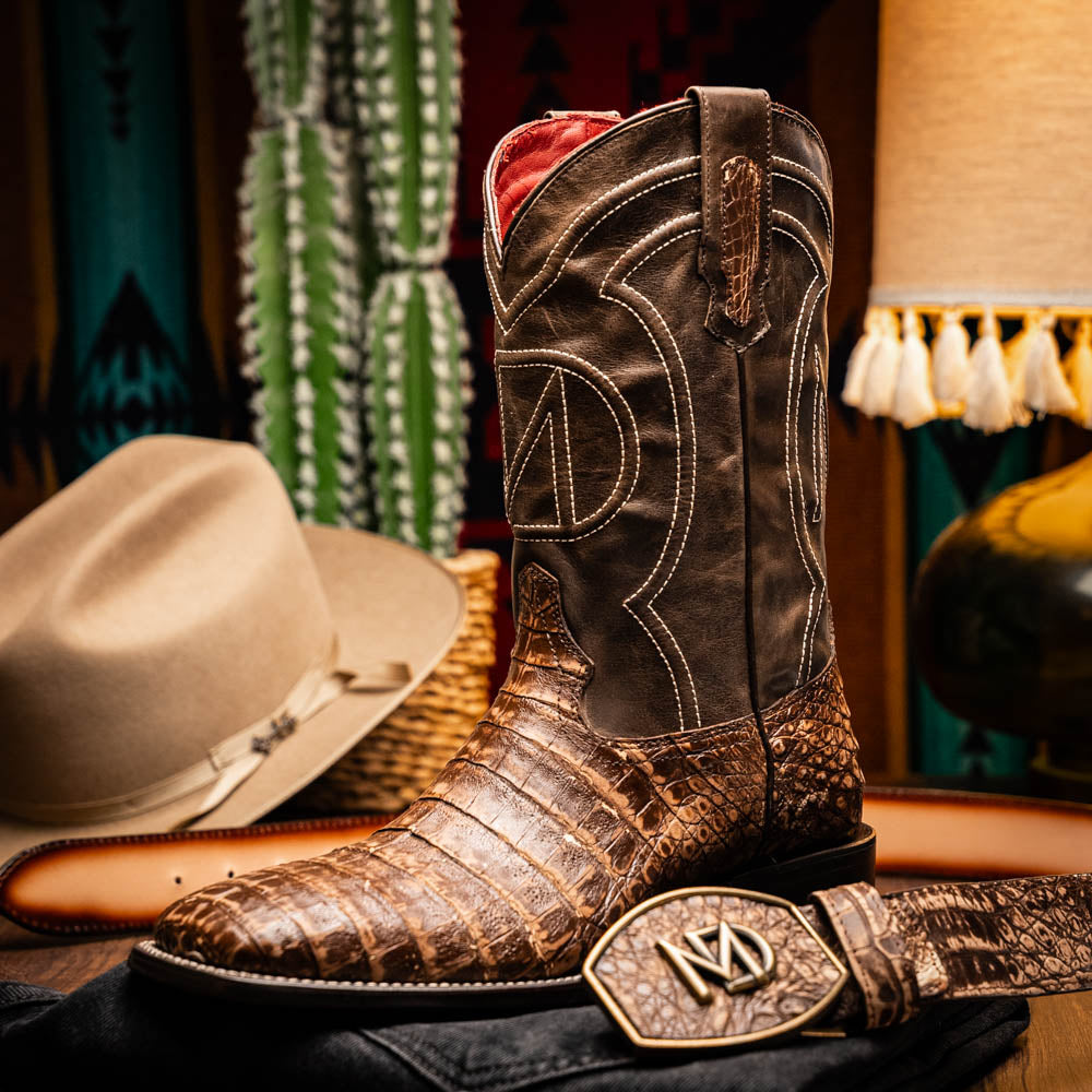 Tucson Stone Brown cowboy boot made of caiman belly skin, part of the Western Collection, with a square-toe profile. Pre-order now.