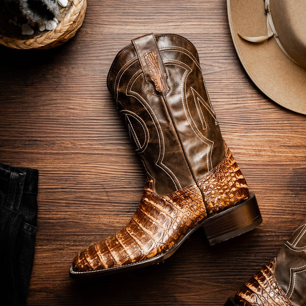 Tucson Stone Brown genuine caiman belly skin cowboy boot with square-toe, crafted for Western sophistication.