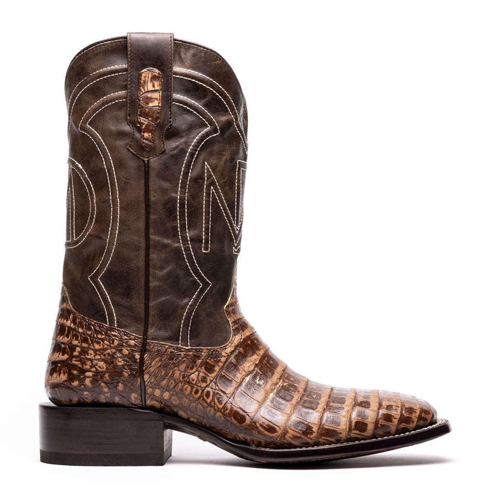 Tucson Stone Brown cowboy boot in authentic caiman belly skin from the Western Collection, featuring a square-toe design.