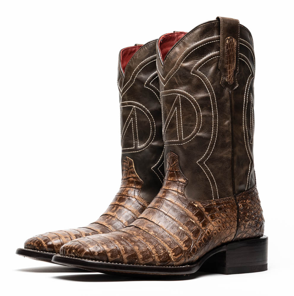 Tucson Stone Brown cowboy boots in genuine caiman belly skin and leather, featuring a square-toe design for classic Western style.
