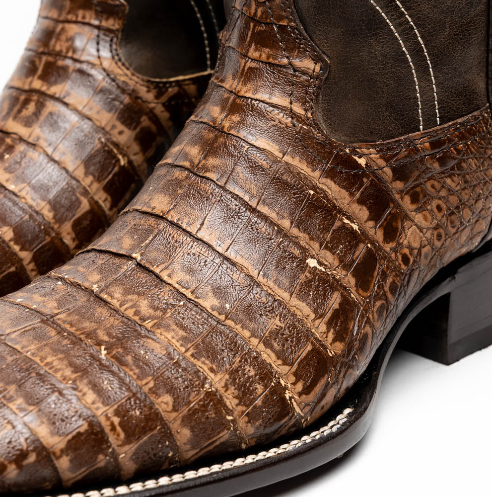 Tucson Stone Brown genuine caiman belly skin cowboy boots with square-toe profile and full-grain leather from Western Collection