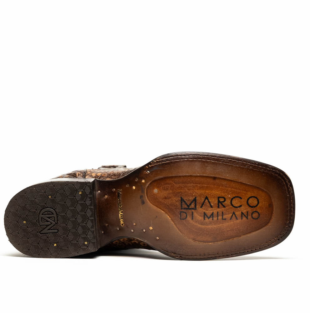Tucson Stone Brown boot sole with Marco di Milano branding, crafted from genuine caiman belly skin and full-grain leather.