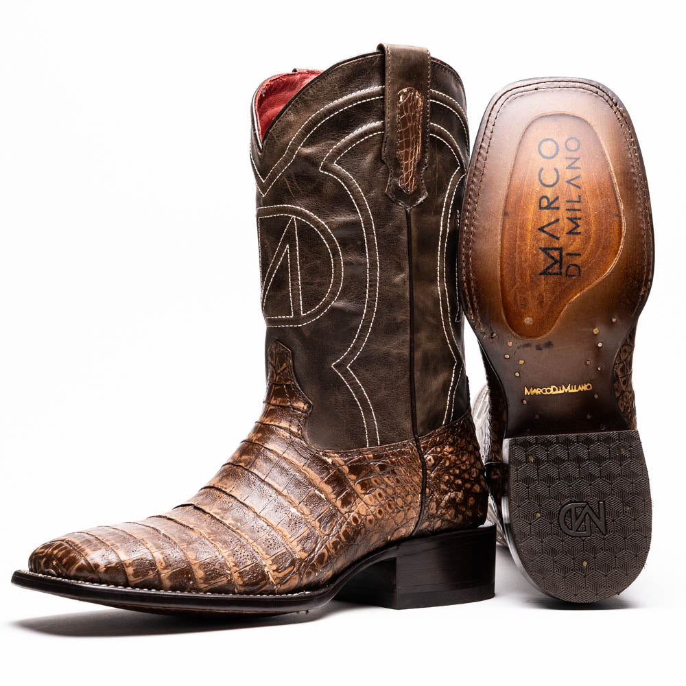 Tucson Stone Brown cowboy boot in genuine caiman belly skin, Western style footwear with square toe and rugged texture