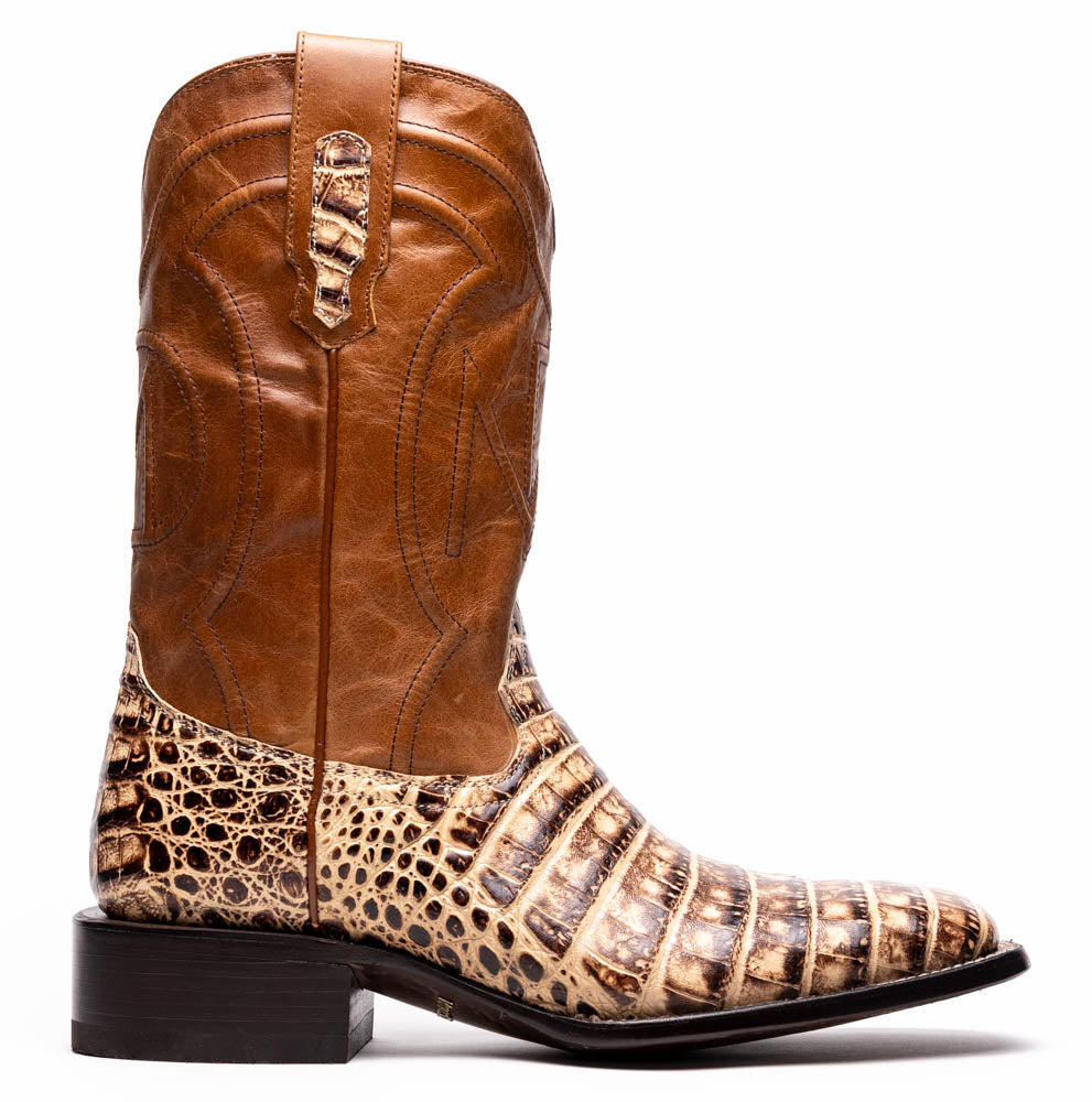 Tucson Stone Orix cowboy boot with genuine caiman belly skin and full-grain leather, part of the Western Collection, pre-order available.