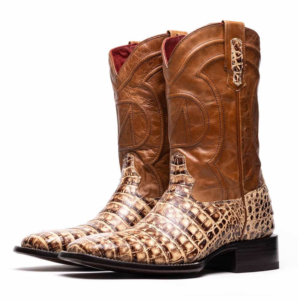 Tucson Stone Orix cowboy boots in genuine caiman belly skin with square-toe profile from the Western Collection, available for pre-order.