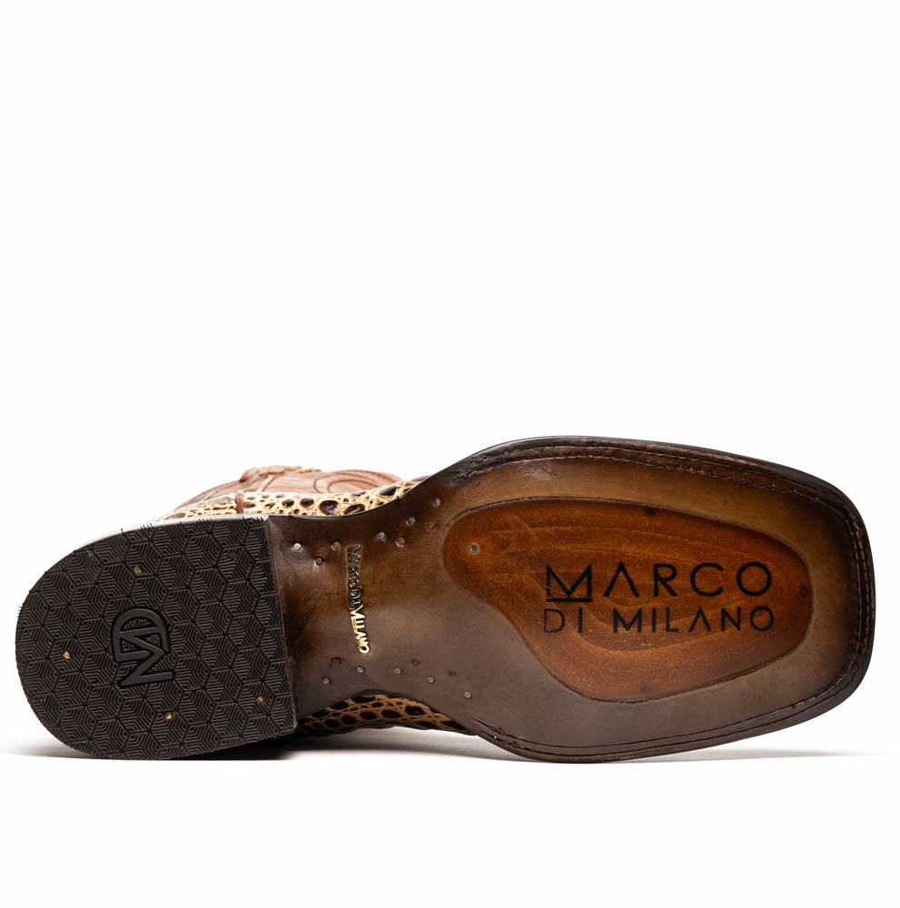 Bottom view of Tucson Stone Orix cowboy boot showing sole design in genuine caiman belly skin and full-grain leather craftsmanship.
